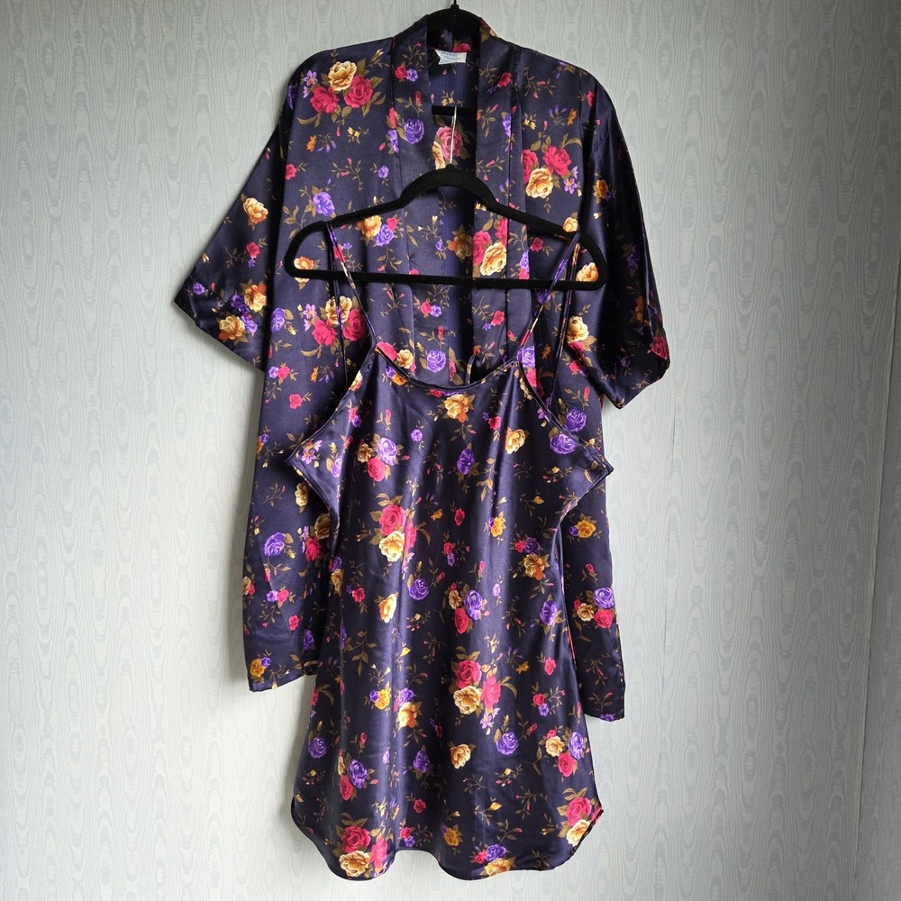 Vintage Gabrielle Intimates Large Floral Chemise‎ Slip Dress and Robe Set Satin